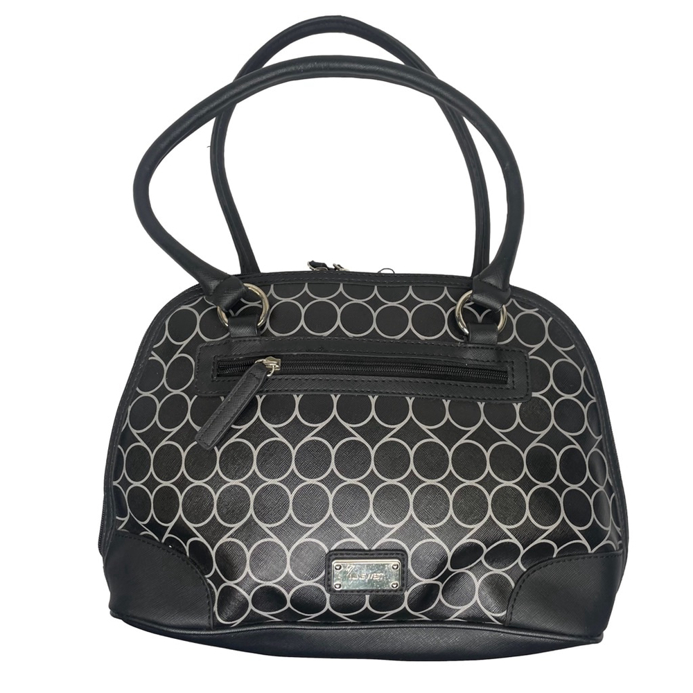 Nine West Signature Circle Print Dome Satchel Bag Black Silver Geometric